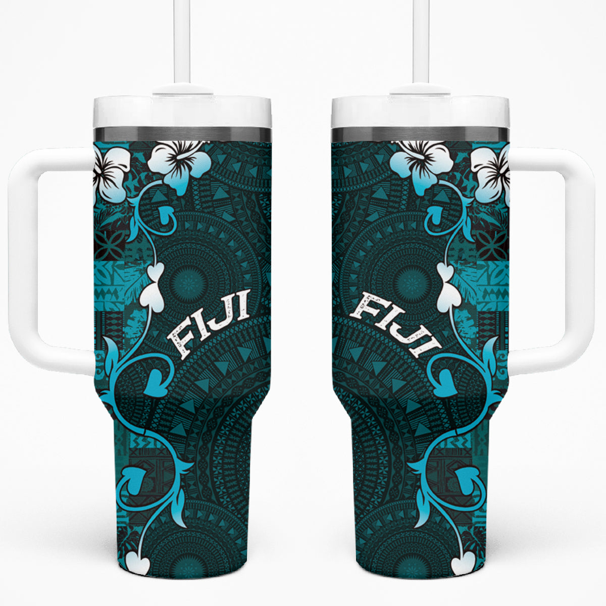 Fiji Masi Tumbler With Handle Fijian Hibiscus Tapa Turquoise Version