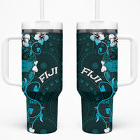 Fiji Masi Tumbler With Handle Fijian Hibiscus Tapa Turquoise Version LT01 One Size: 40 oz Turquoise - Polynesian Pride