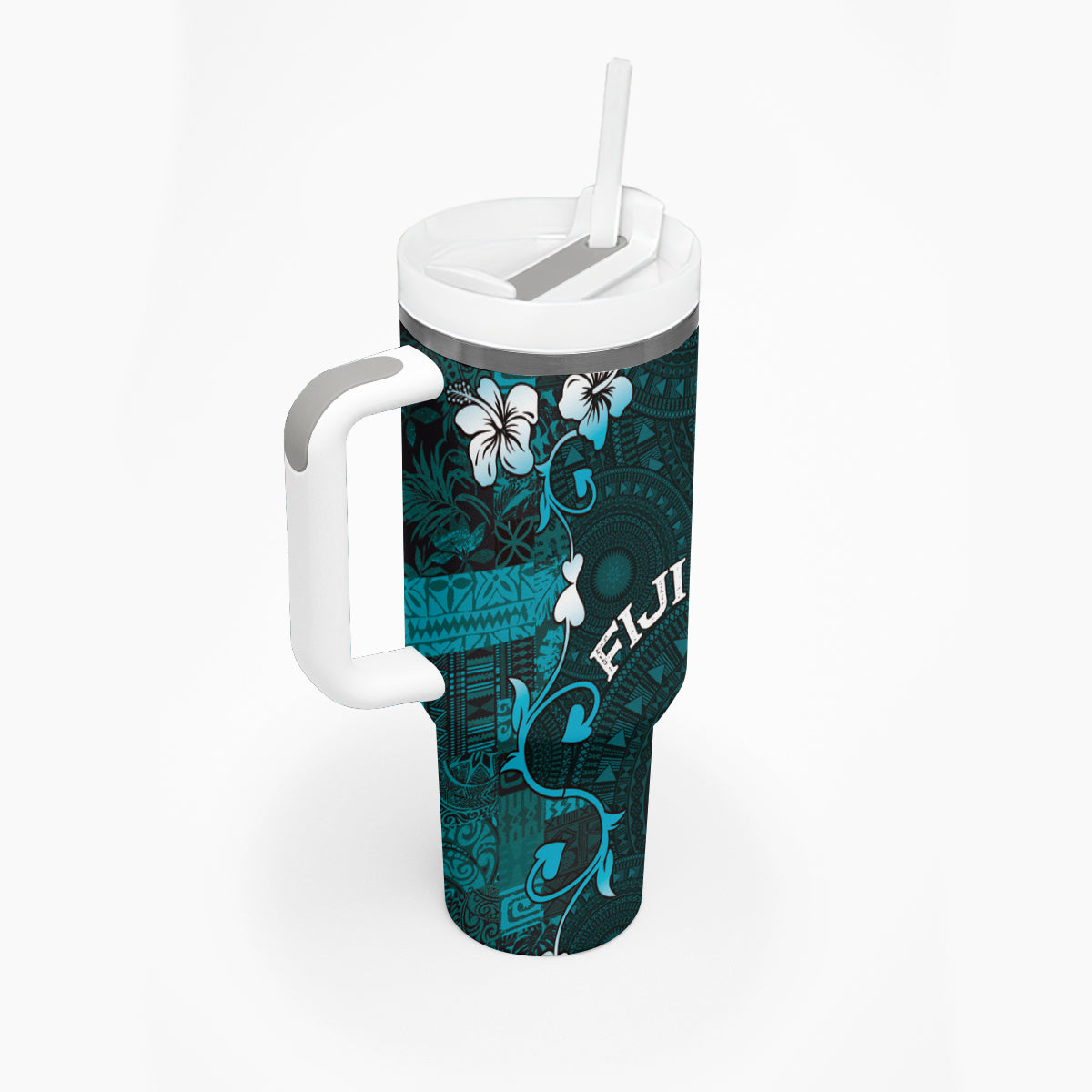 Fiji Masi Tumbler With Handle Fijian Hibiscus Tapa Turquoise Version LT01 - Polynesian Pride