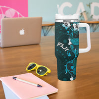 Fiji Masi Tumbler With Handle Fijian Hibiscus Tapa Turquoise Version LT01 - Polynesian Pride