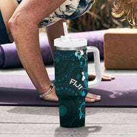 Fiji Masi Tumbler With Handle Fijian Hibiscus Tapa Turquoise Version LT01 - Polynesian Pride