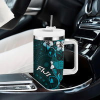 Fiji Masi Tumbler With Handle Fijian Hibiscus Tapa Turquoise Version LT01 - Polynesian Pride