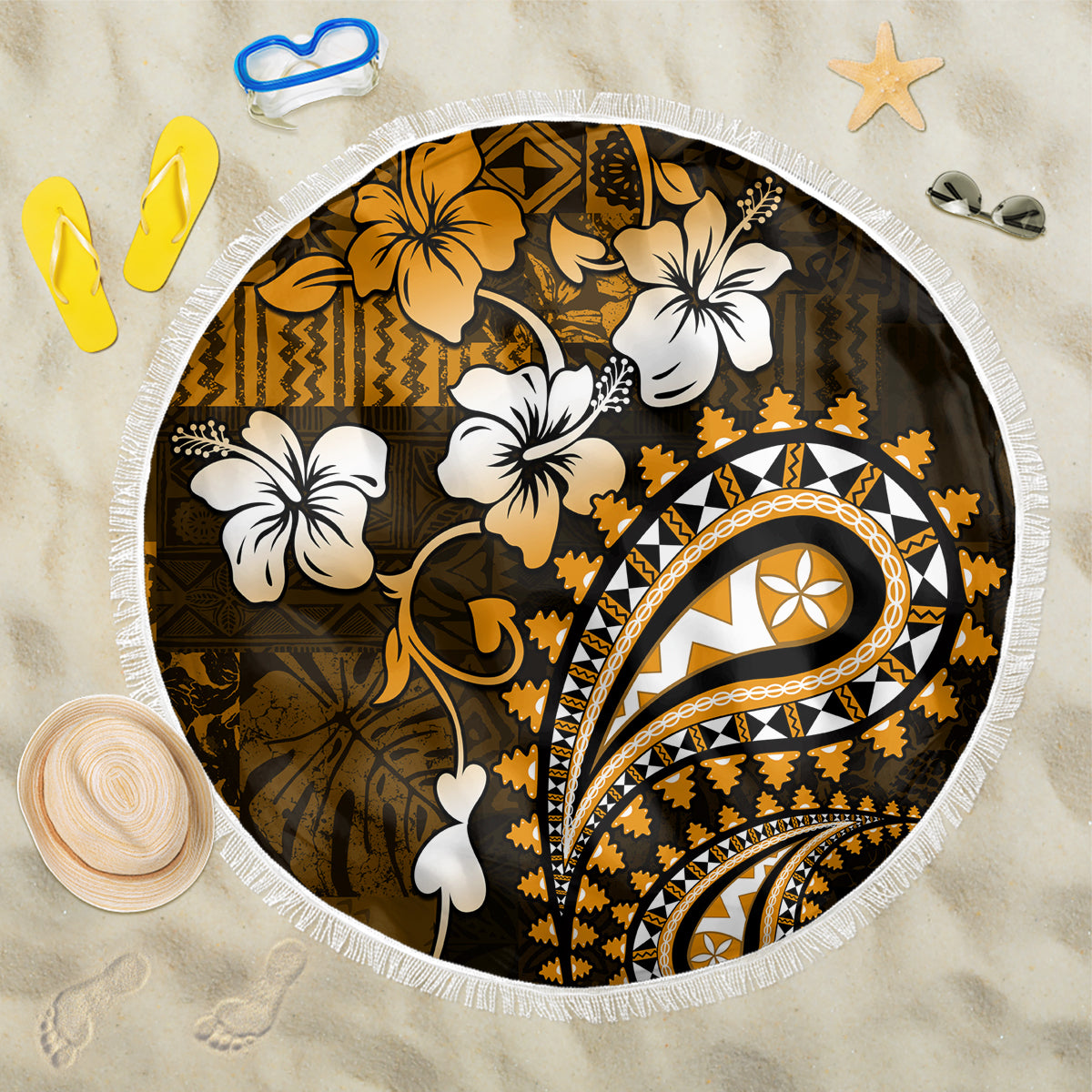 Fiji Masi Paisley With Hibiscus Tapa Beach Blanket Gold Version LT01 One Size 150cm Gold - Polynesian Pride