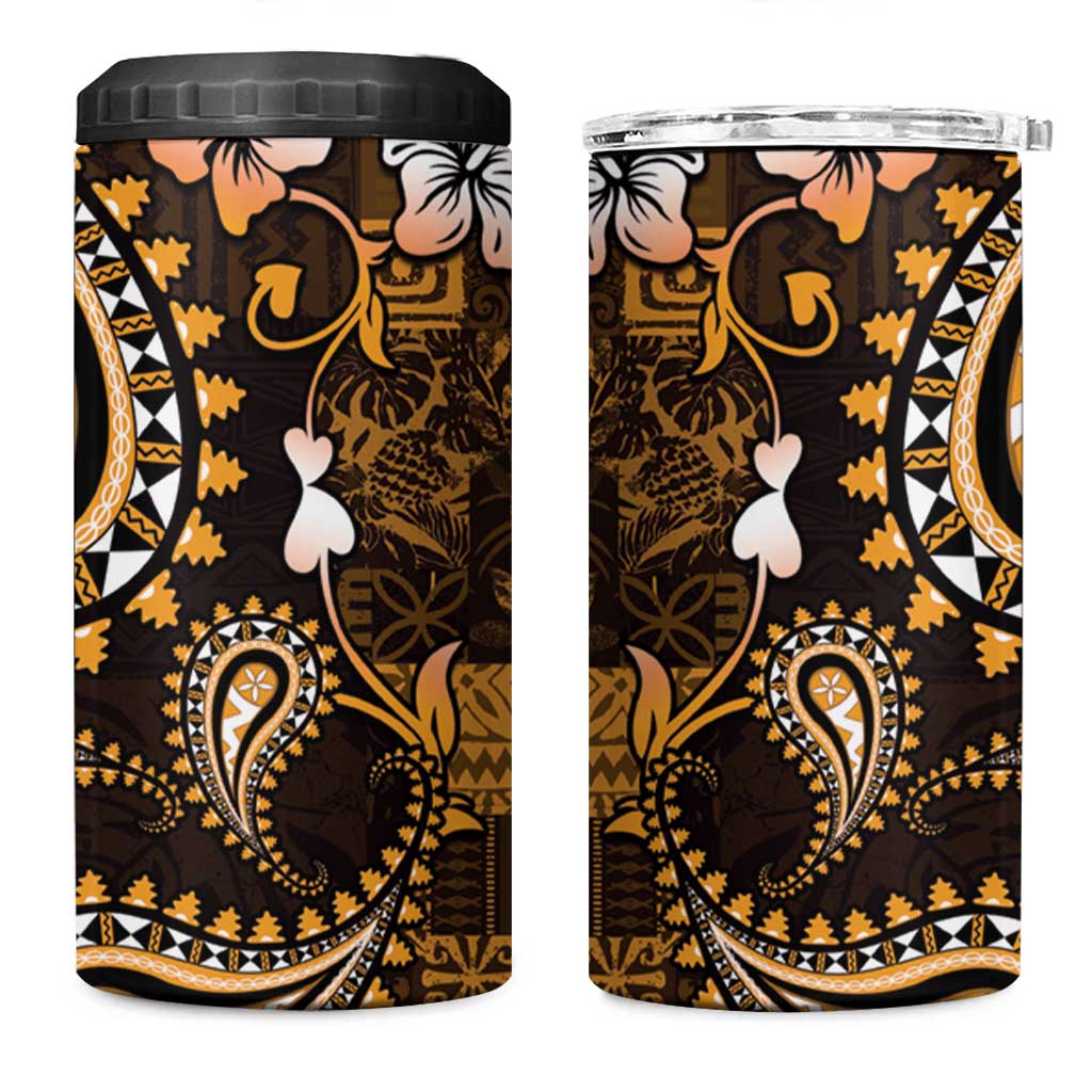 Fiji Masi Paisley With Hibiscus Tapa 4 in 1 Can Cooler Tumbler Gold Version LT01 One Size: 16 oz Gold - Polynesian Pride