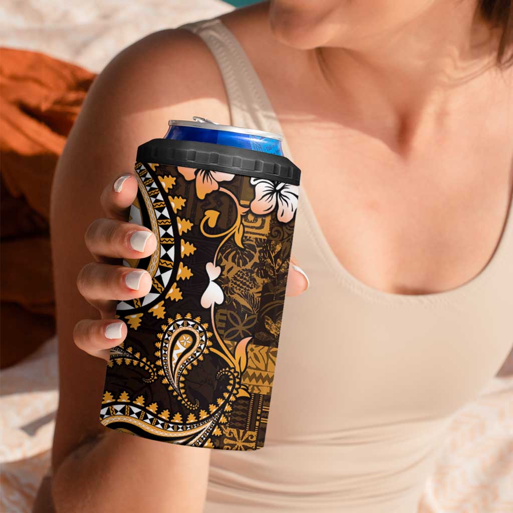 Fiji Masi Paisley With Hibiscus Tapa 4 in 1 Can Cooler Tumbler Gold Version LT01 - Polynesian Pride