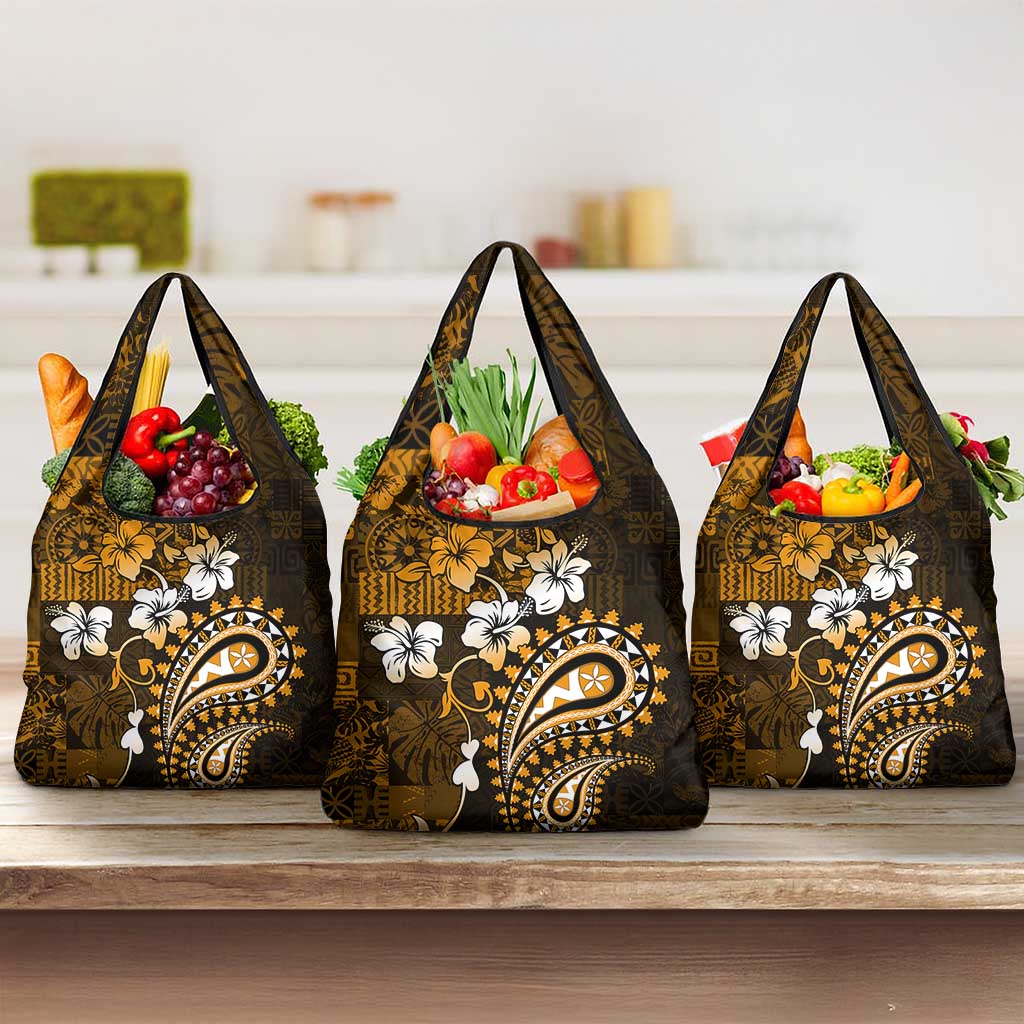 Fiji Masi Paisley With Hibiscus Tapa Grocery Bag Gold Version LT01 3-pack One Size Gold - Polynesian Pride