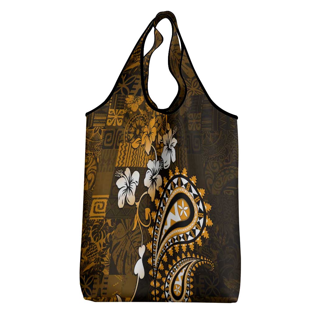 Fiji Masi Paisley With Hibiscus Tapa Grocery Bag Gold Version LT01 - Polynesian Pride