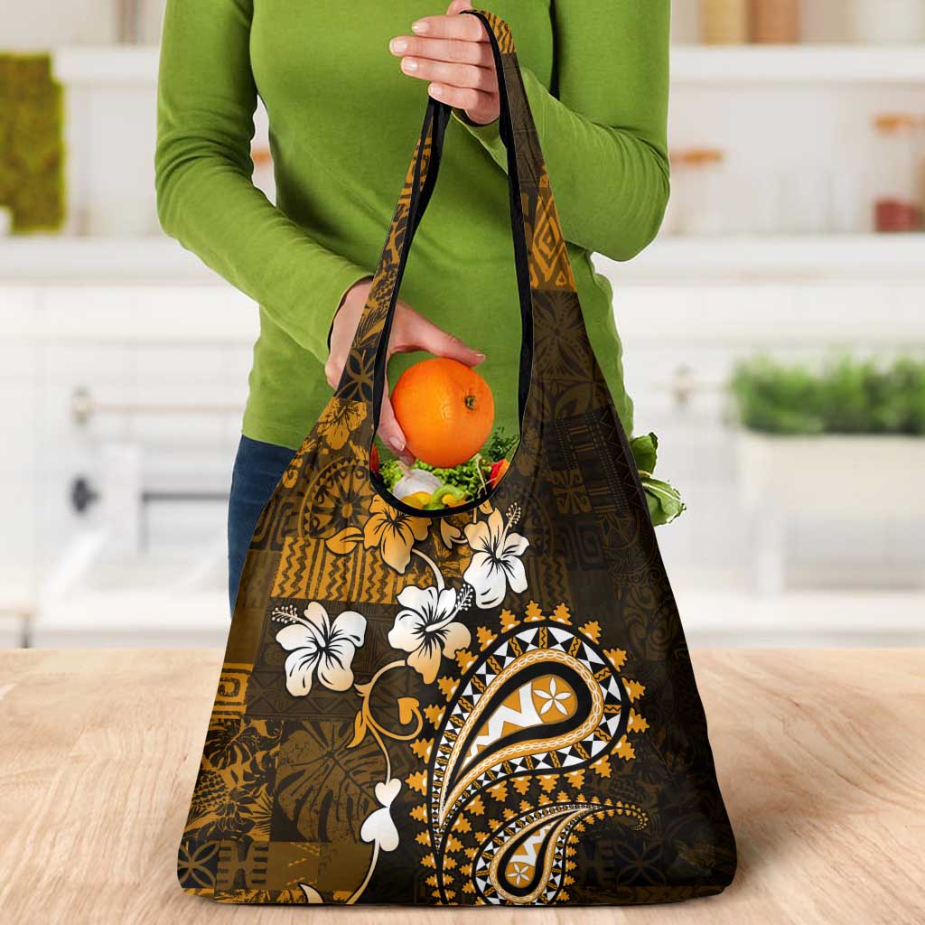 Fiji Masi Paisley With Hibiscus Tapa Grocery Bag Gold Version LT01 - Polynesian Pride
