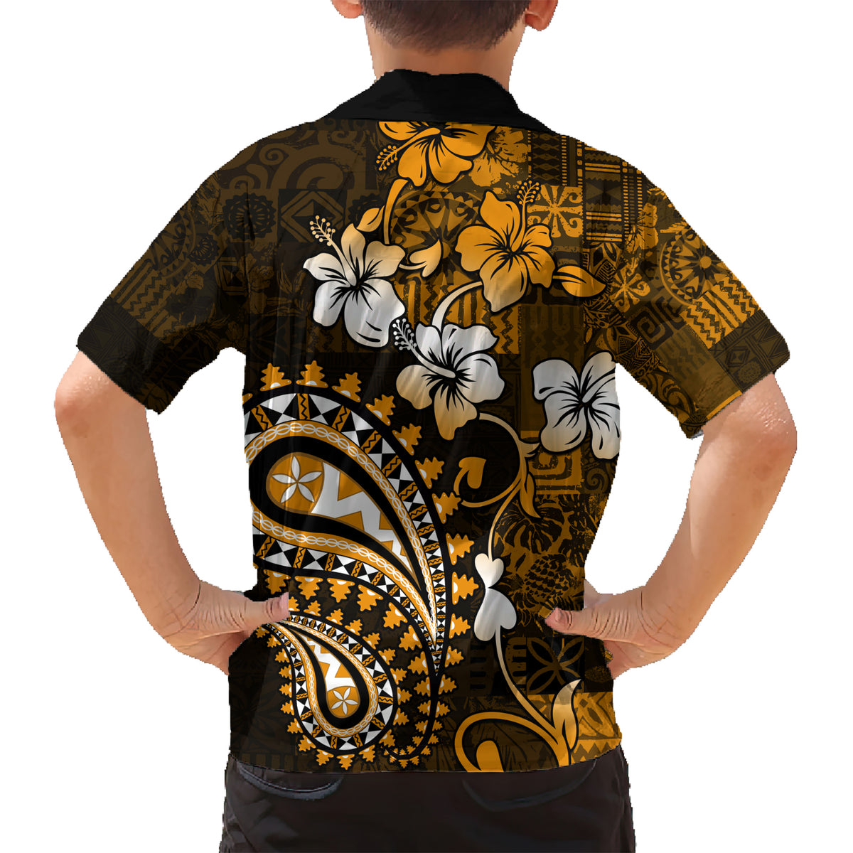 Fiji Masi Paisley With Hibiscus Tapa Kid Hawaiian Shirt Gold Version LT01 - Polynesian Pride