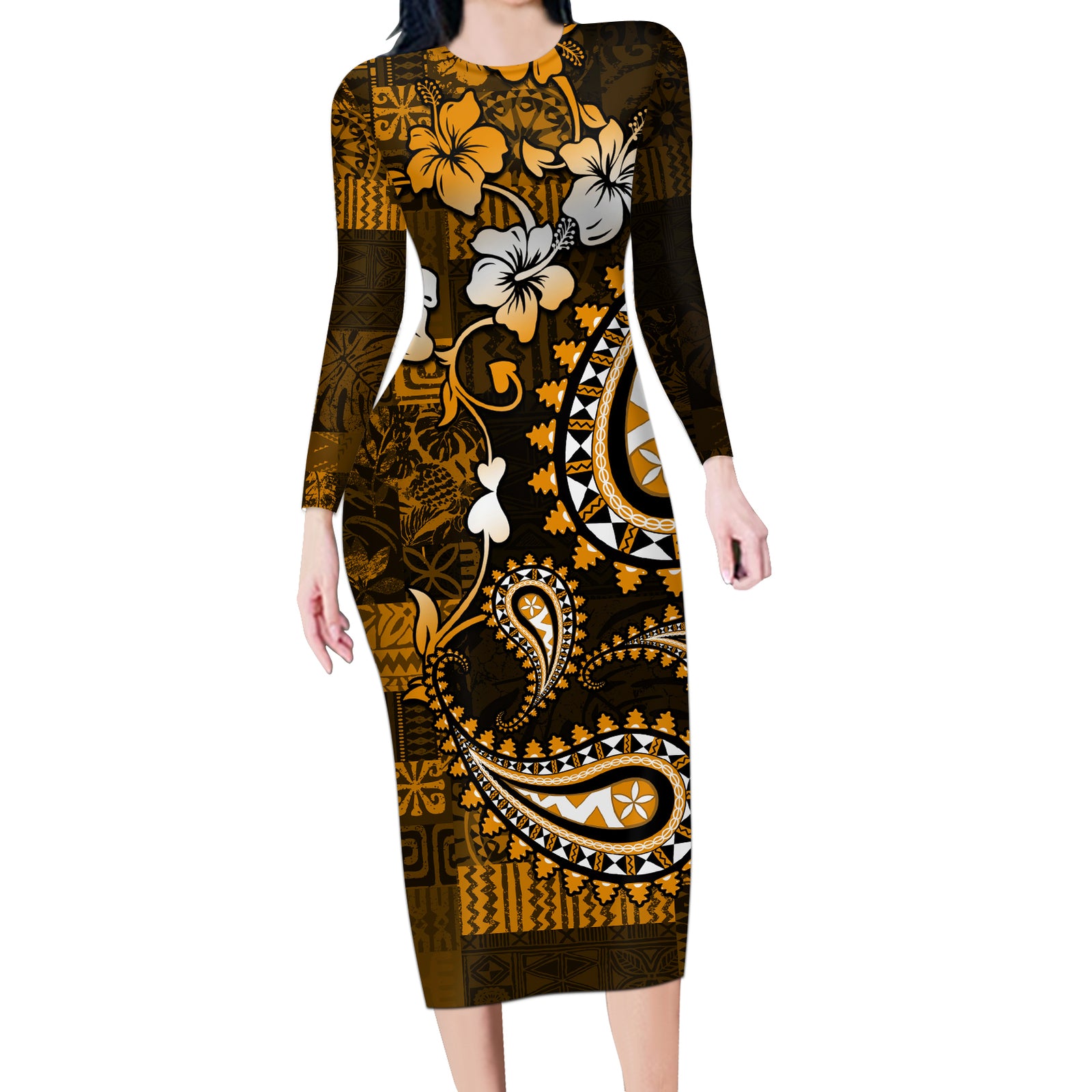 Fiji Masi Paisley With Hibiscus Tapa Long Sleeve Bodycon Dress Gold Version LT01 Long Dress Gold - Polynesian Pride