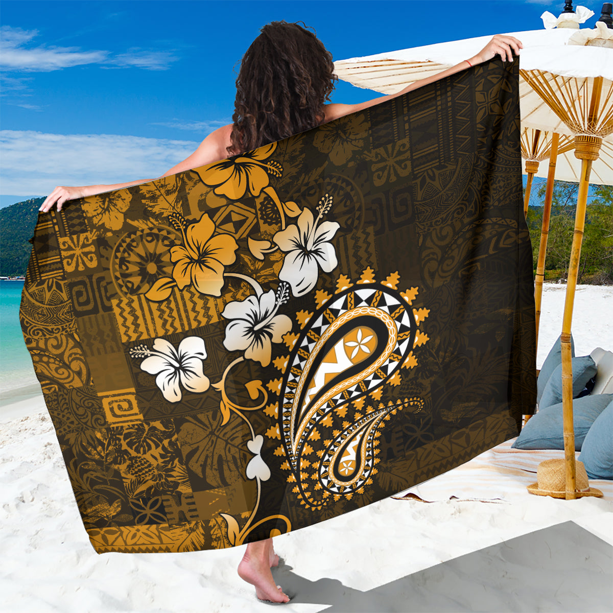 Fiji Masi Paisley With Hibiscus Tapa Sarong Gold Version LT01 One Size 44 x 66 inches Gold - Polynesian Pride