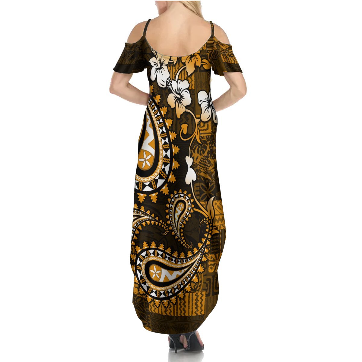 Fiji Masi Paisley With Hibiscus Tapa Summer Maxi Dress Gold Version LT01 - Polynesian Pride