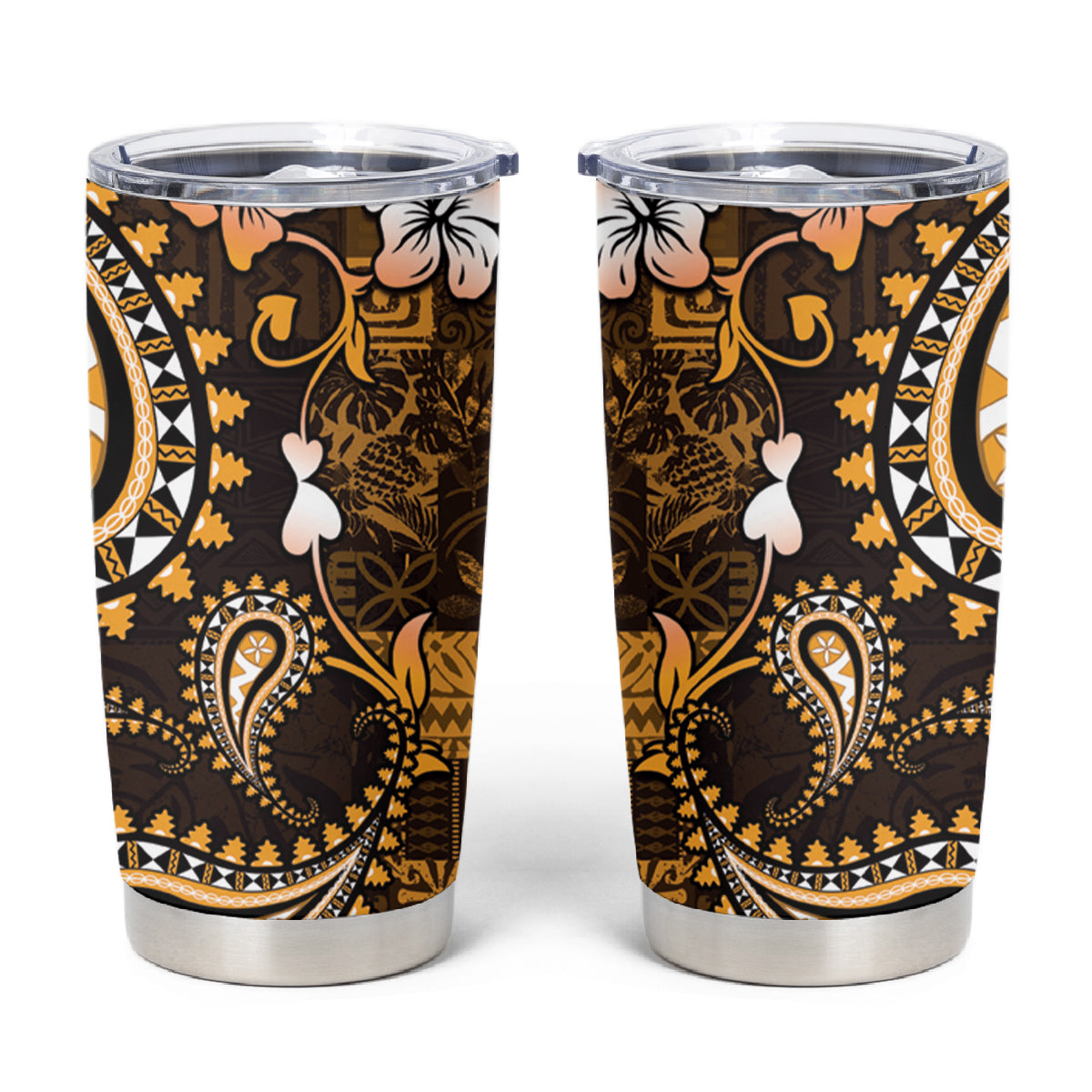Fiji Masi Paisley With Hibiscus Tapa Tumbler Cup Gold Version LT01 Gold - Polynesian Pride