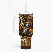 Fiji Masi Paisley With Hibiscus Tapa Tumbler With Handle Gold Version LT01 - Polynesian Pride