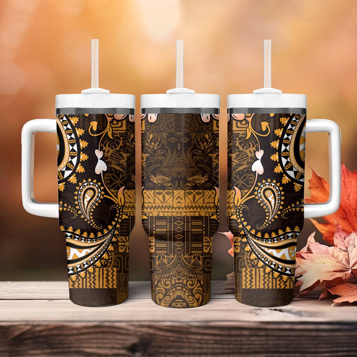 Fiji Masi Paisley With Hibiscus Tapa Tumbler With Handle Gold Version LT01 - Polynesian Pride