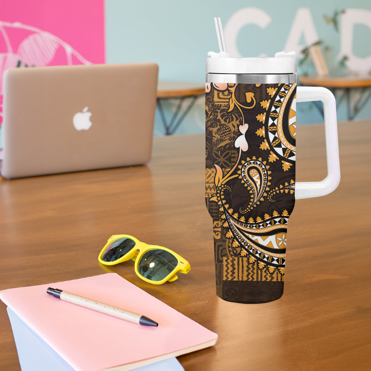 Fiji Masi Paisley With Hibiscus Tapa Tumbler With Handle Gold Version LT01 - Polynesian Pride