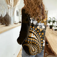 Fiji Masi Paisley With Hibiscus Tapa Women Casual Shirt Gold Version LT01 - Polynesian Pride
