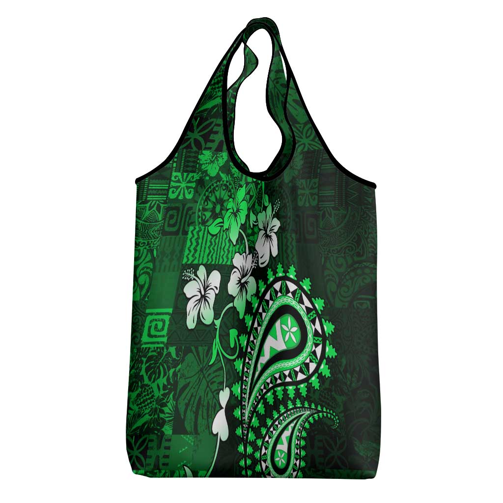 Fiji Masi Paisley With Hibiscus Tapa Grocery Bag Green Version LT01 - Polynesian Pride
