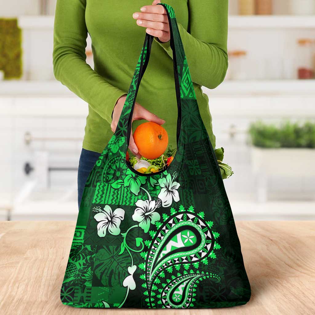 Fiji Masi Paisley With Hibiscus Tapa Grocery Bag Green Version LT01 - Polynesian Pride