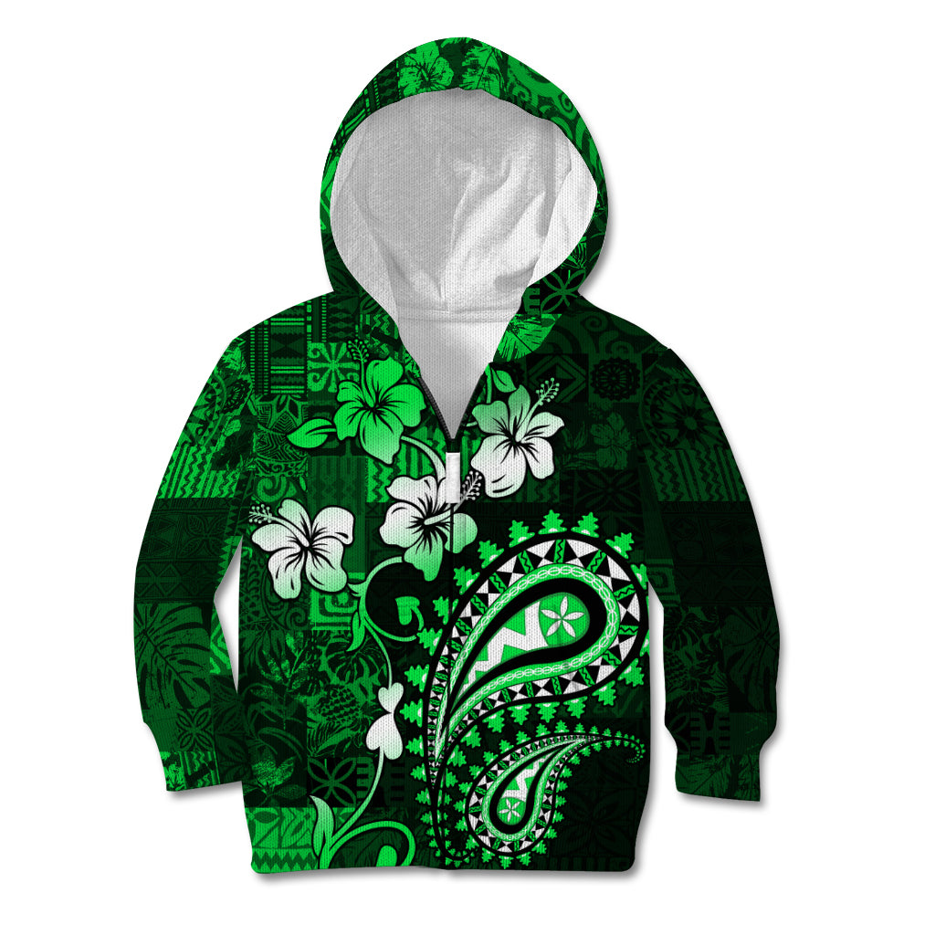 Fiji Masi Paisley With Hibiscus Tapa Kid Hoodie Green Version LT01 - Polynesian Pride