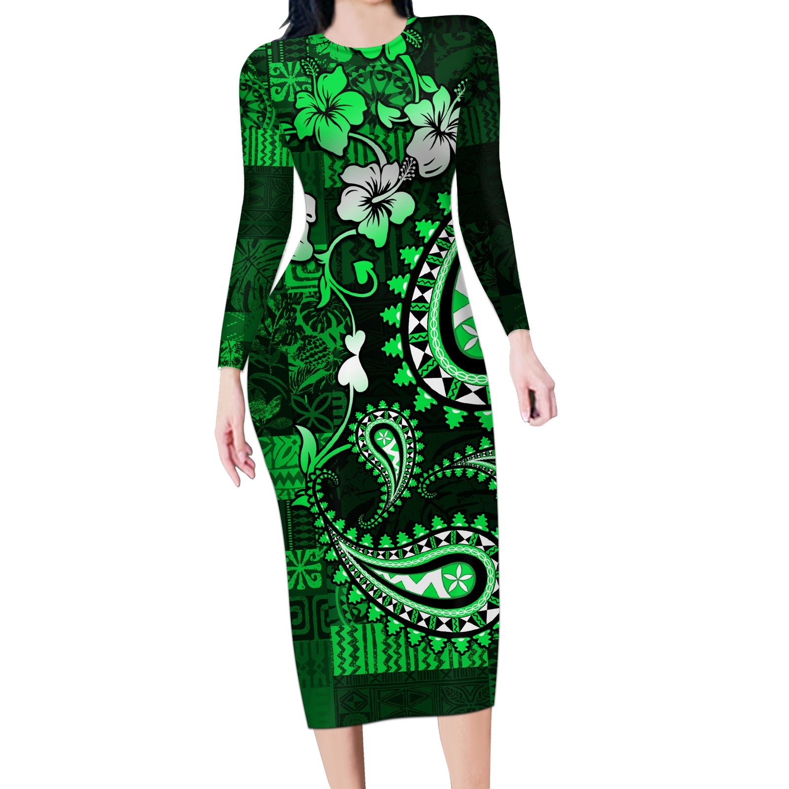 Fiji Masi Paisley With Hibiscus Tapa Long Sleeve Bodycon Dress Green Version LT01 Long Dress Green - Polynesian Pride