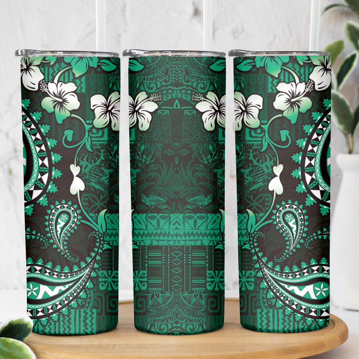 Fiji Masi Paisley With Hibiscus Tapa Skinny Tumbler Green Version LT01 - Polynesian Pride