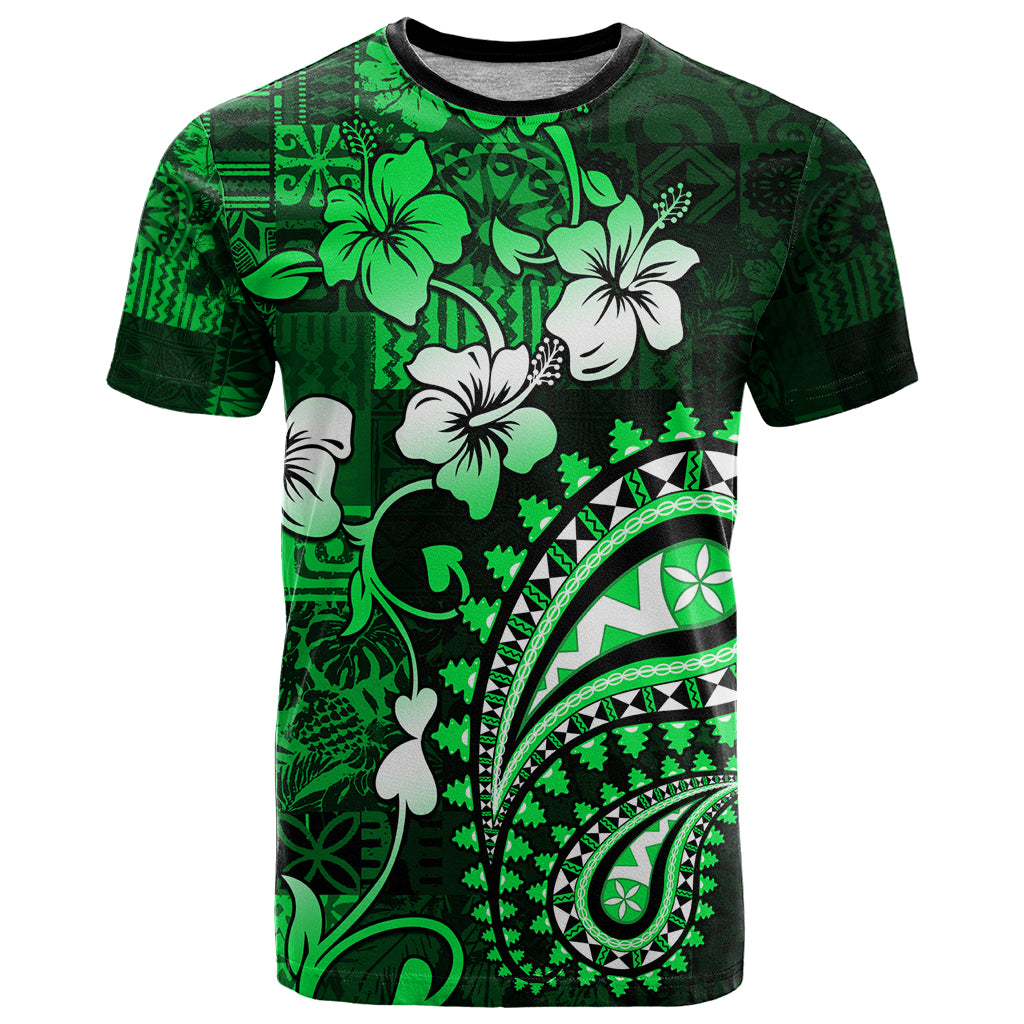 Fiji Masi Paisley With Hibiscus Tapa T Shirt Green Version LT01 Green - Polynesian Pride