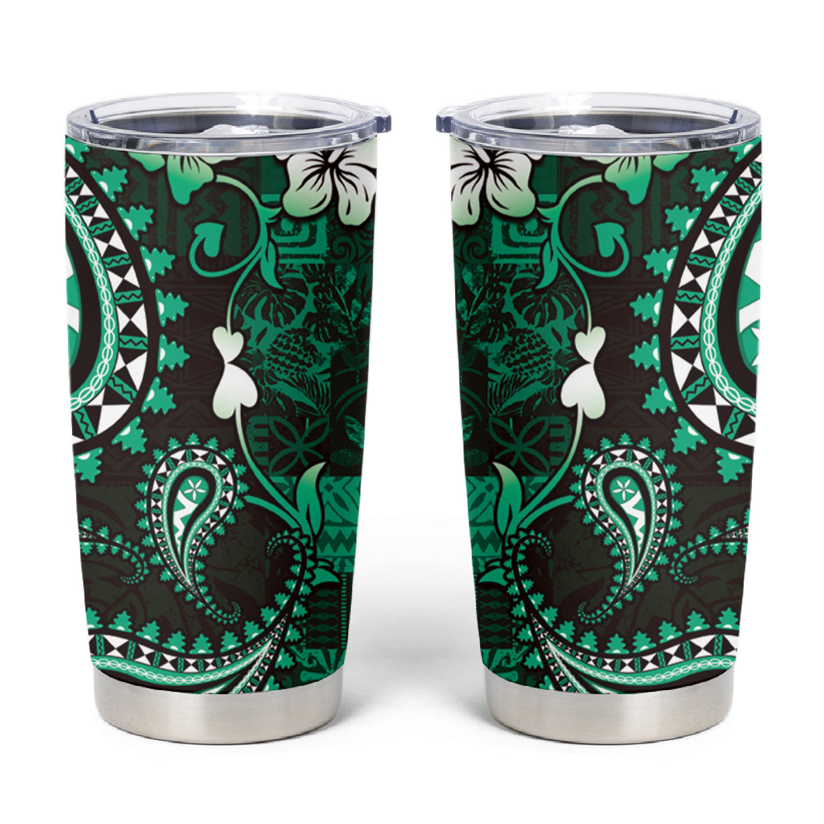 Fiji Masi Paisley With Hibiscus Tapa Tumbler Cup Green Version LT01 Green - Polynesian Pride