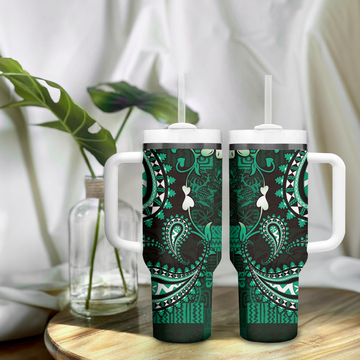 Fiji Masi Paisley With Hibiscus Tapa Tumbler With Handle Green Version LT01 - Polynesian Pride