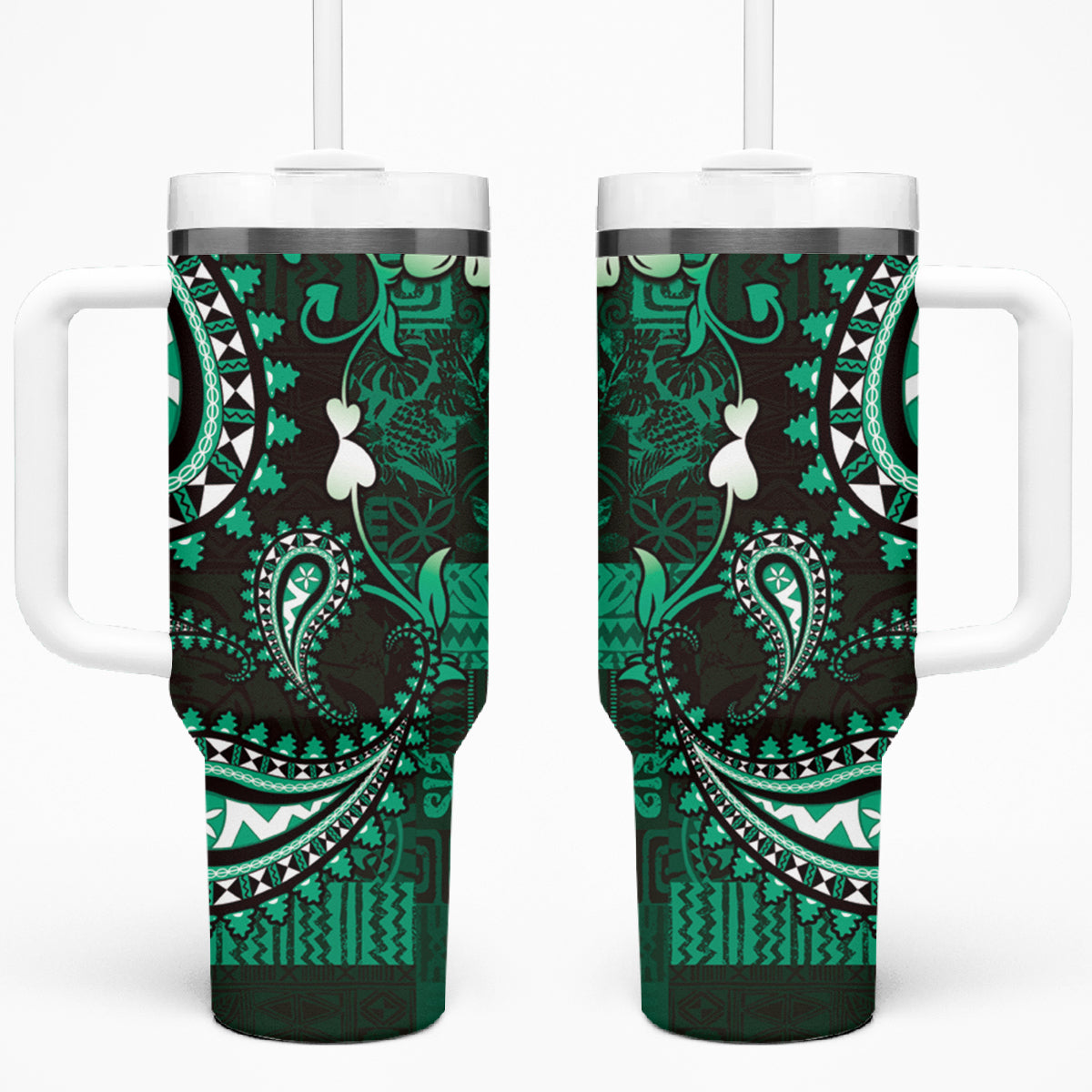 Fiji Masi Paisley With Hibiscus Tapa Tumbler With Handle Green Version LT01 One Size: 40 oz Green - Polynesian Pride