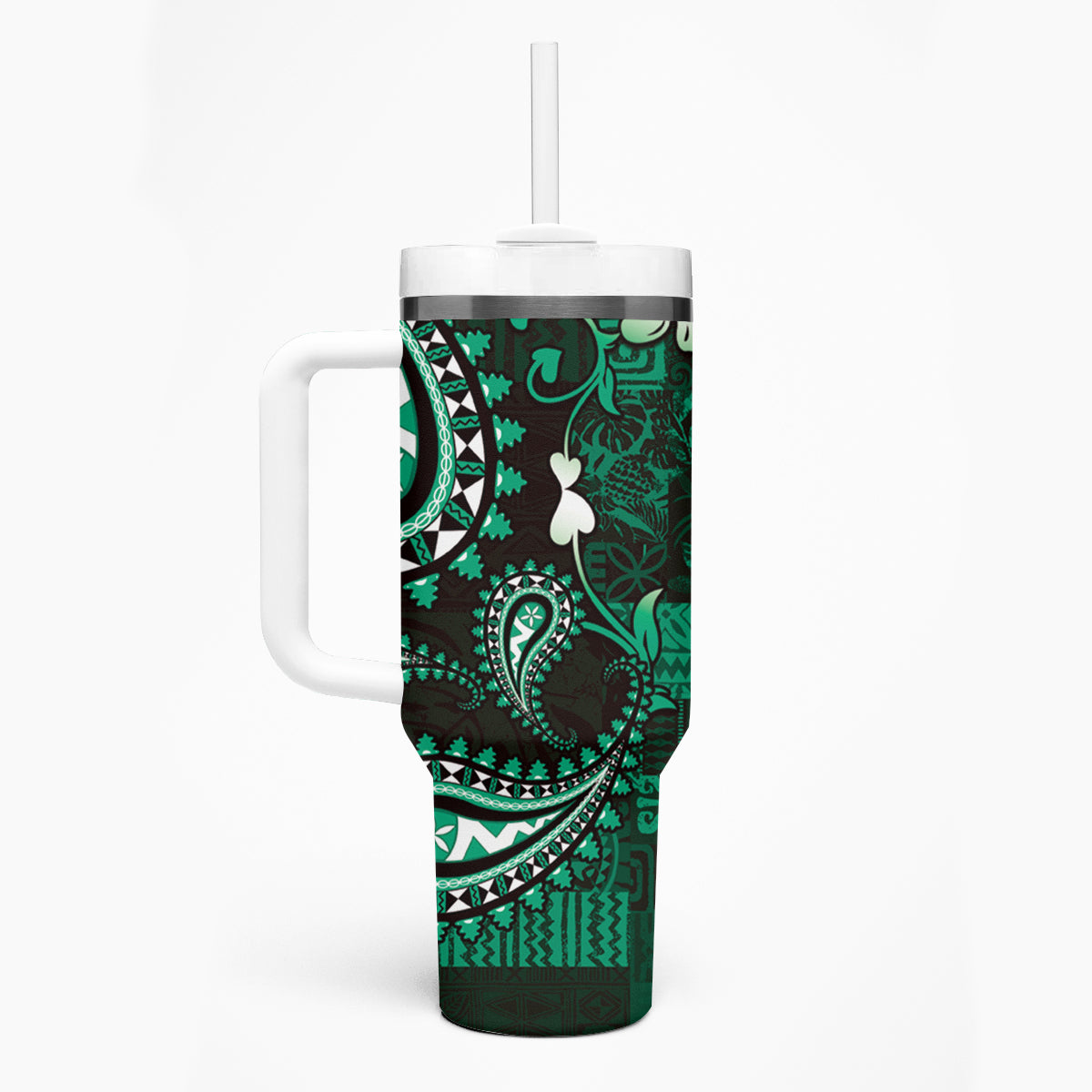 Fiji Masi Paisley With Hibiscus Tapa Tumbler With Handle Green Version LT01 - Polynesian Pride