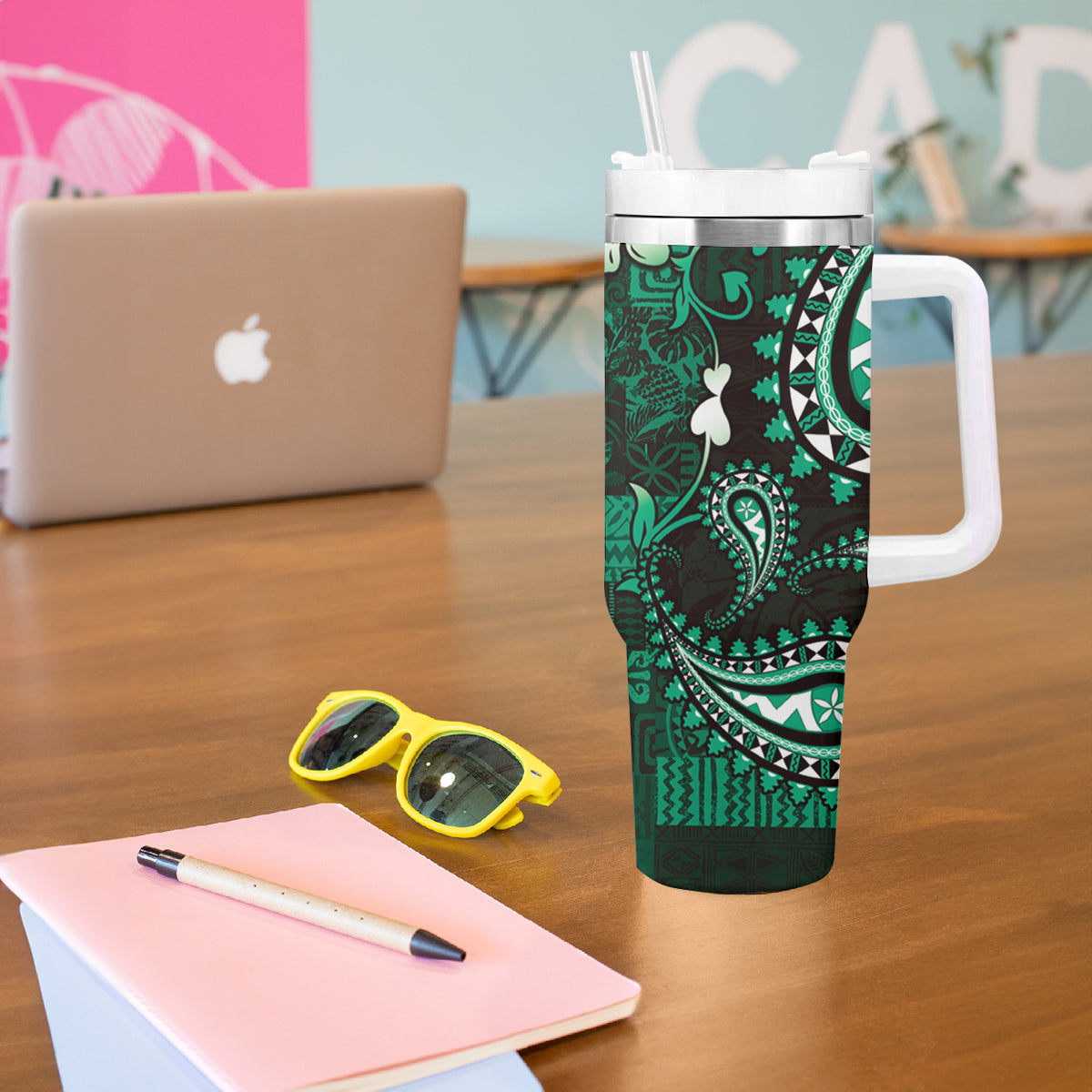 Fiji Masi Paisley With Hibiscus Tapa Tumbler With Handle Green Version LT01 - Polynesian Pride