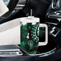 Fiji Masi Paisley With Hibiscus Tapa Tumbler With Handle Green Version LT01 - Polynesian Pride