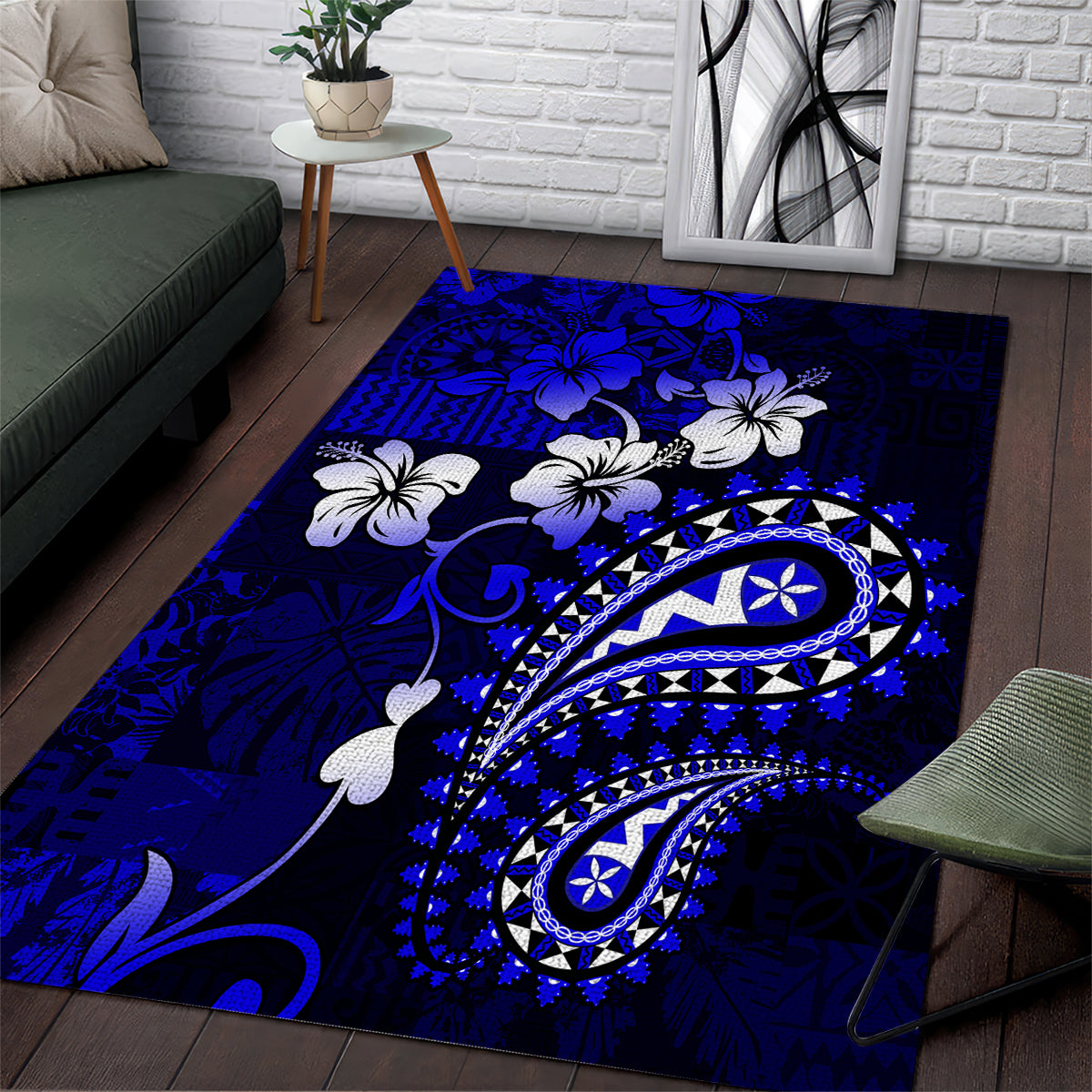 Fiji Masi Paisley With Hibiscus Tapa Area Rug Navy Blue Version LT01 Blue - Polynesian Pride