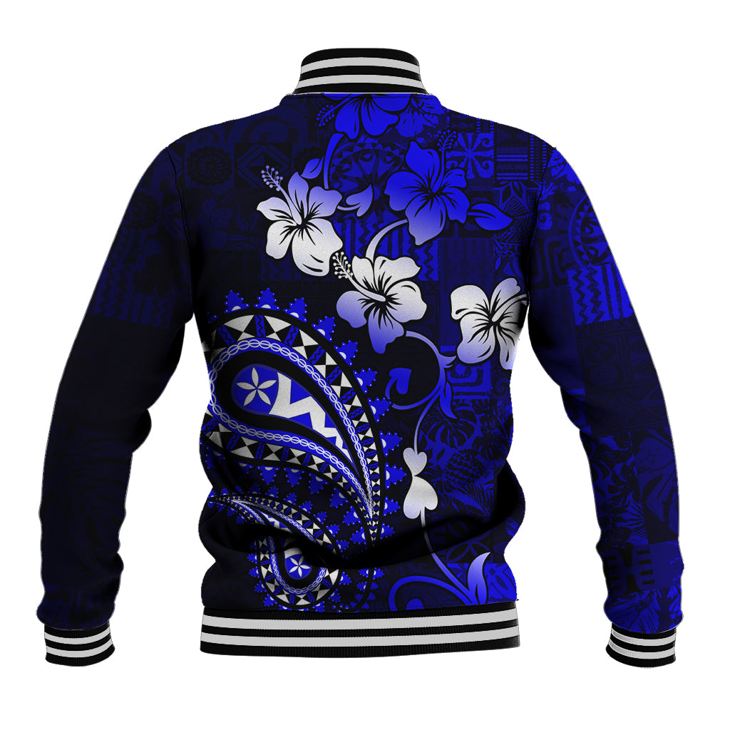 Fiji Masi Paisley With Hibiscus Tapa Baseball Jacket Navy Blue Version LT01 - Polynesian Pride
