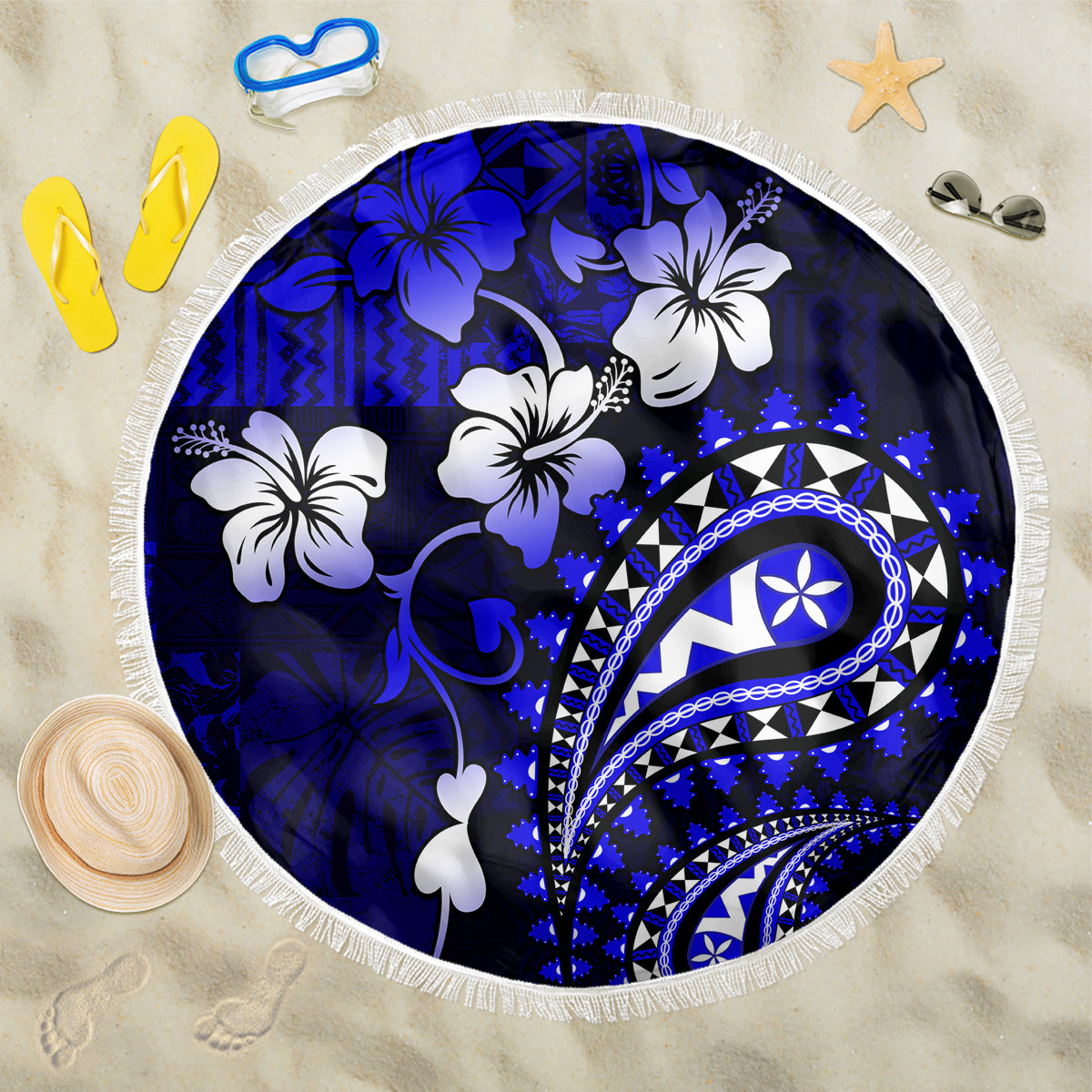 Fiji Masi Paisley With Hibiscus Tapa Beach Blanket Navy Blue Version LT01 One Size 150cm Blue - Polynesian Pride