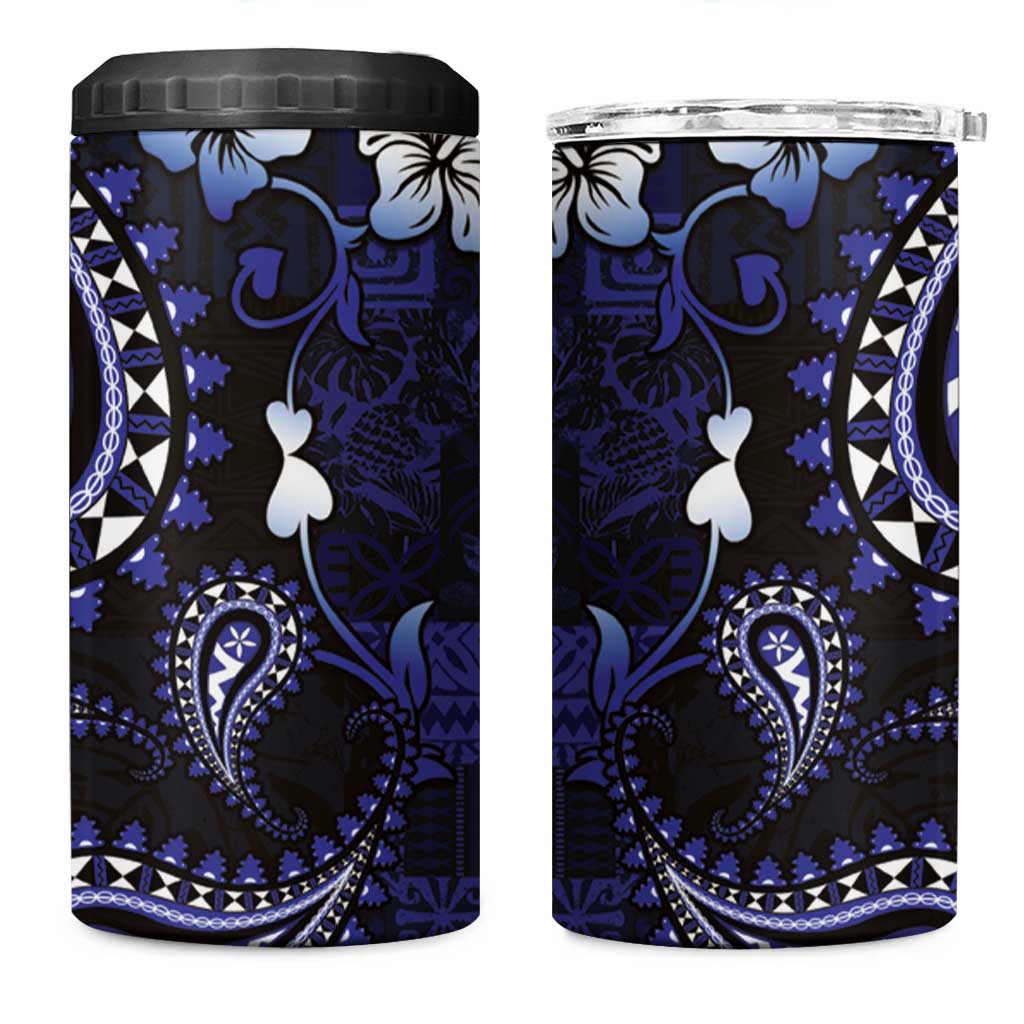 Fiji Masi Paisley With Hibiscus Tapa 4 in 1 Can Cooler Tumbler Navy Blue Version LT01 One Size: 16 oz Blue - Polynesian Pride