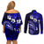 Fiji Masi Paisley With Hibiscus Tapa Couples Matching Off Shoulder Short Dress and Long Sleeve Button Shirt Navy Blue Version LT01 - Polynesian Pride