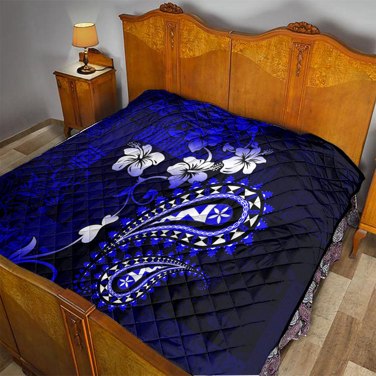 Fiji Masi Paisley With Hibiscus Tapa Quilt Navy Blue Version LT01 - Polynesian Pride