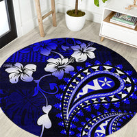 Fiji Masi Paisley With Hibiscus Tapa Round Carpet Navy Blue Version LT01 Blue - Polynesian Pride