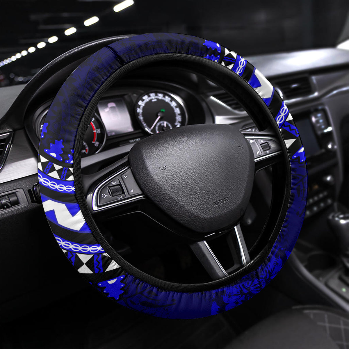 Fiji Masi Paisley With Hibiscus Tapa Steering Wheel Cover Navy Blue Version