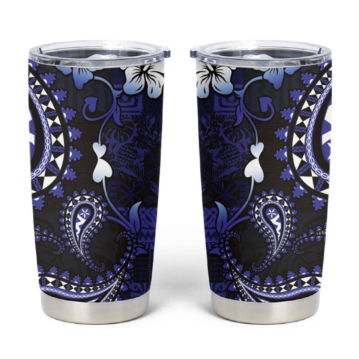 Fiji Masi Paisley With Hibiscus Tapa Tumbler Cup Navy Blue Version LT01 Blue - Polynesian Pride
