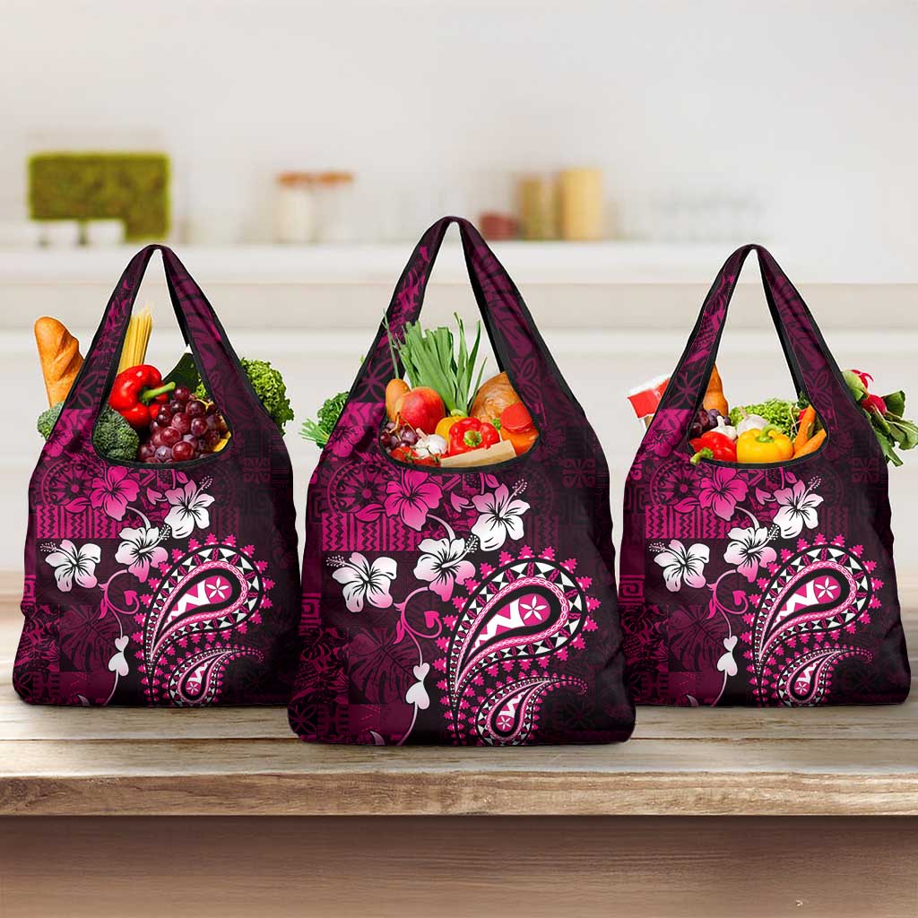 Fiji Masi Paisley With Hibiscus Tapa Grocery Bag Pink Version LT01 3-pack One Size Pink - Polynesian Pride