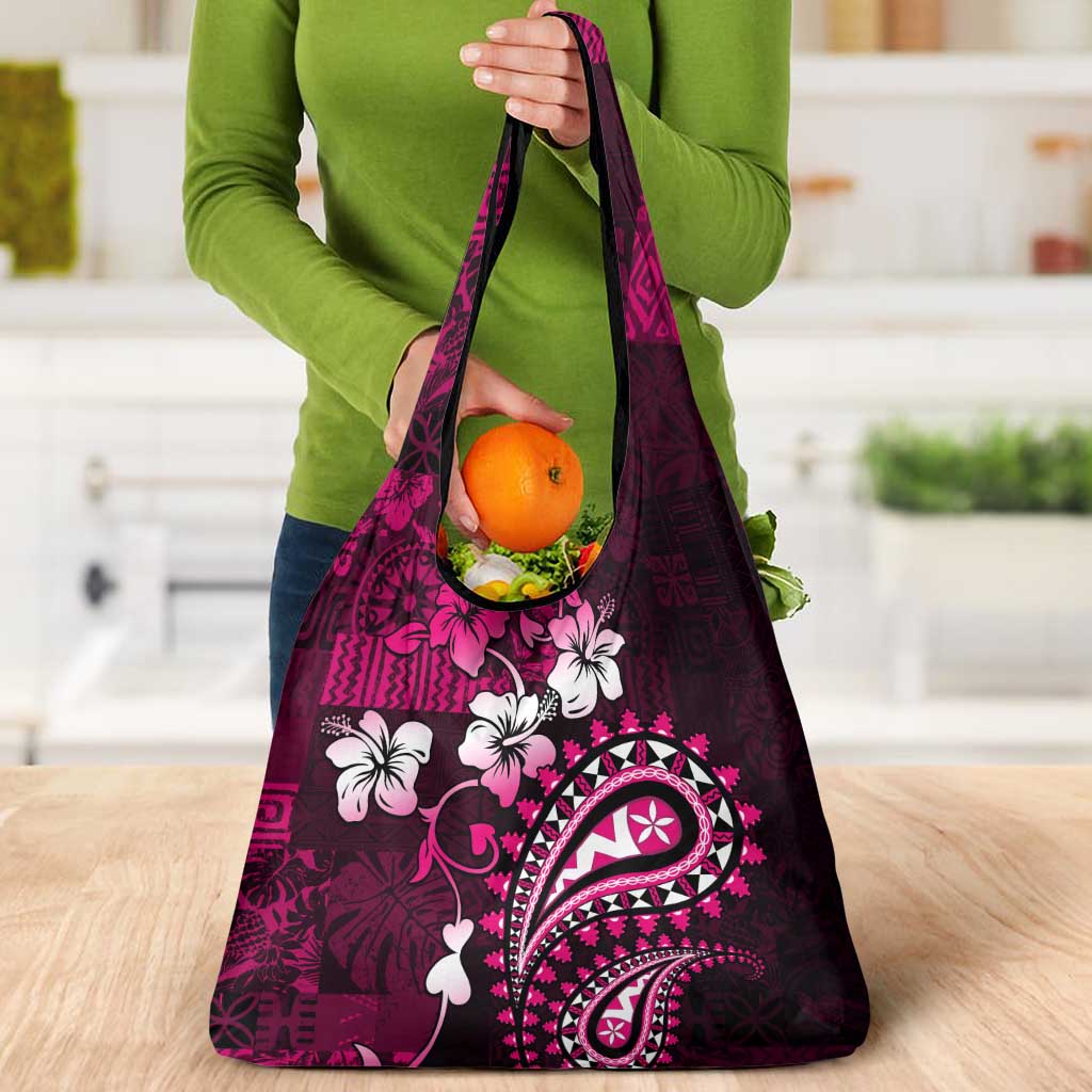 Fiji Masi Paisley With Hibiscus Tapa Grocery Bag Pink Version LT01 - Polynesian Pride