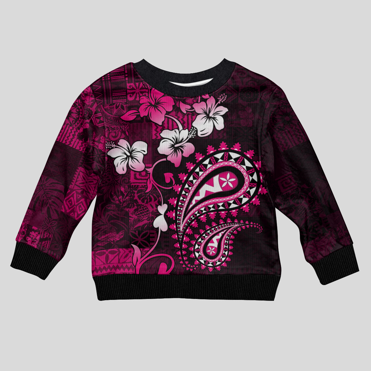 Fiji Masi Paisley With Hibiscus Tapa Kid Ugly Christmas Sweater Pink Version LT01 Kid Pink - Polynesian Pride