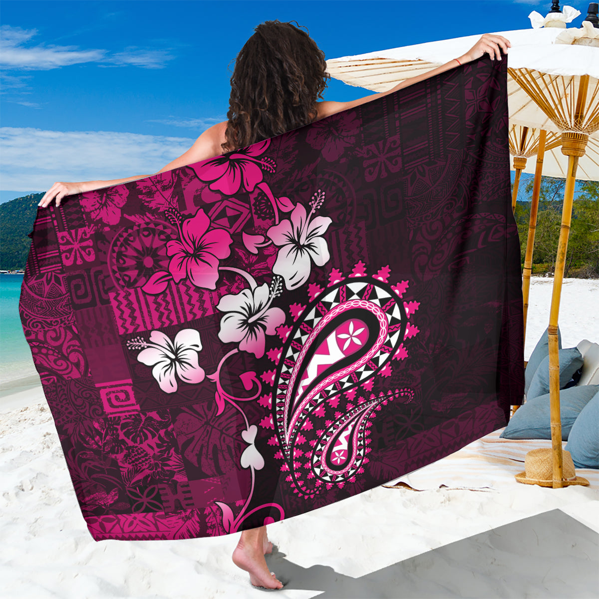 Fiji Masi Paisley With Hibiscus Tapa Sarong Pink Version LT01 One Size 44 x 66 inches Pink - Polynesian Pride