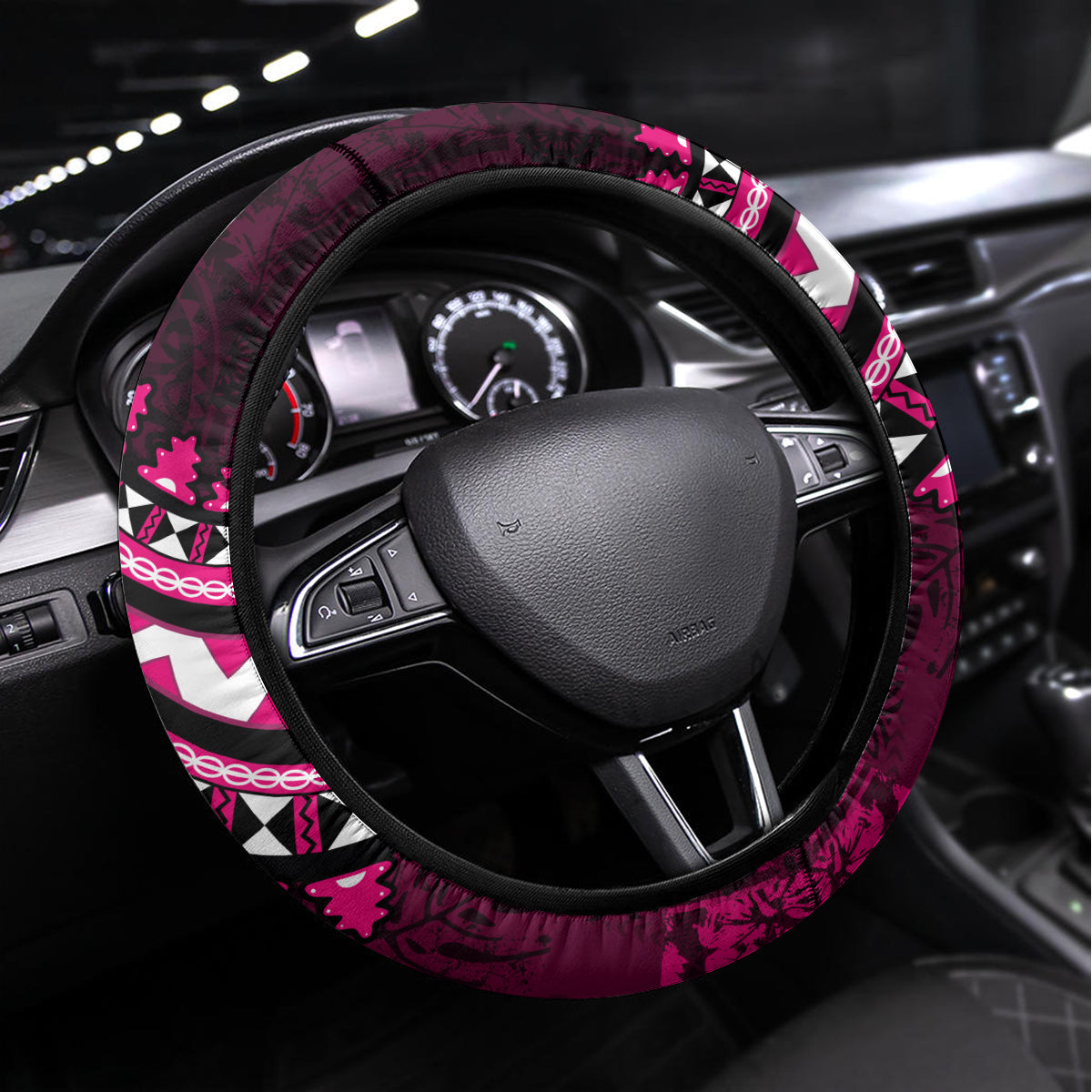 Fiji Masi Paisley With Hibiscus Tapa Steering Wheel Cover Pink Version LT01 Universal Fit Pink - Polynesian Pride