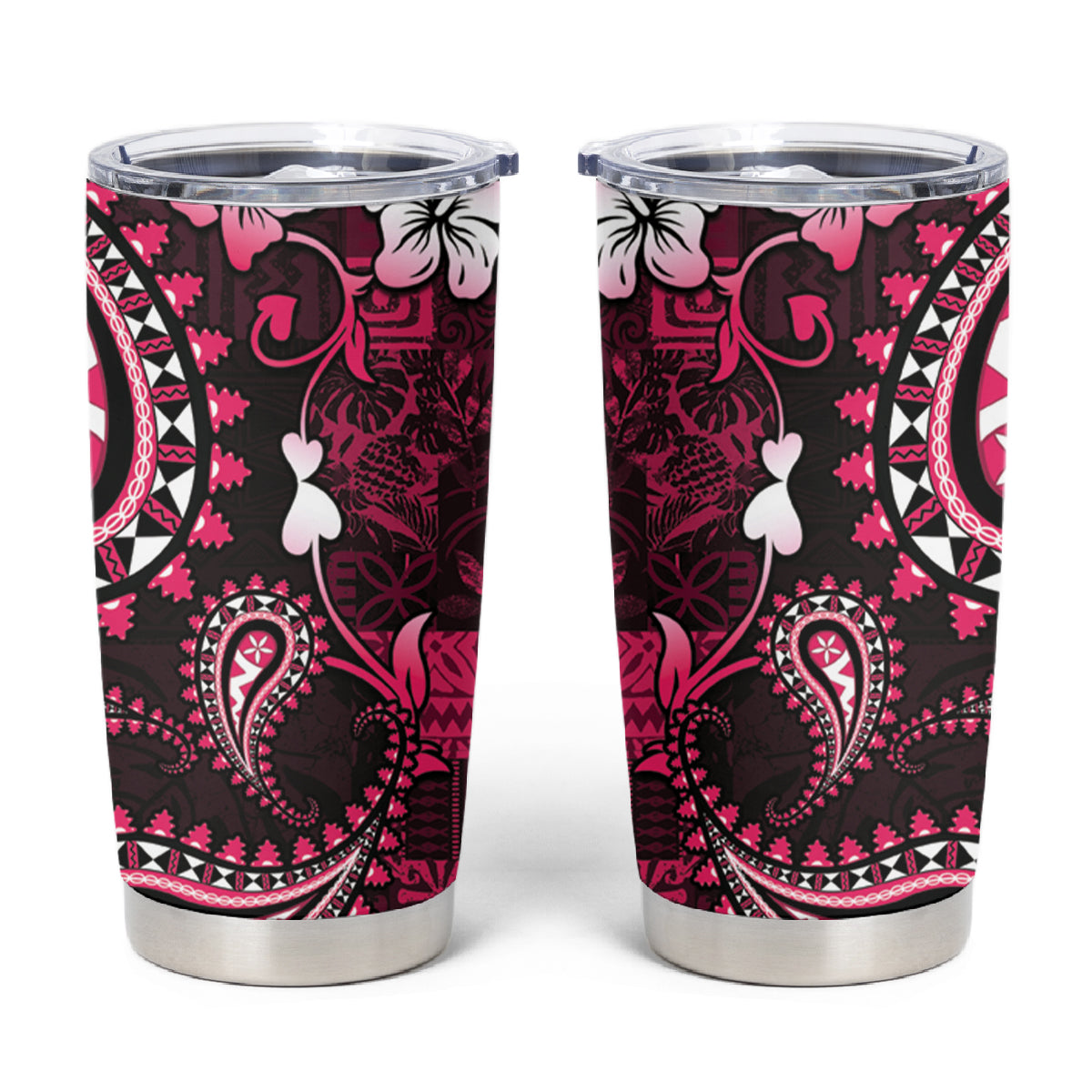 Fiji Masi Paisley With Hibiscus Tapa Tumbler Cup Pink Version LT01 Pink - Polynesian Pride