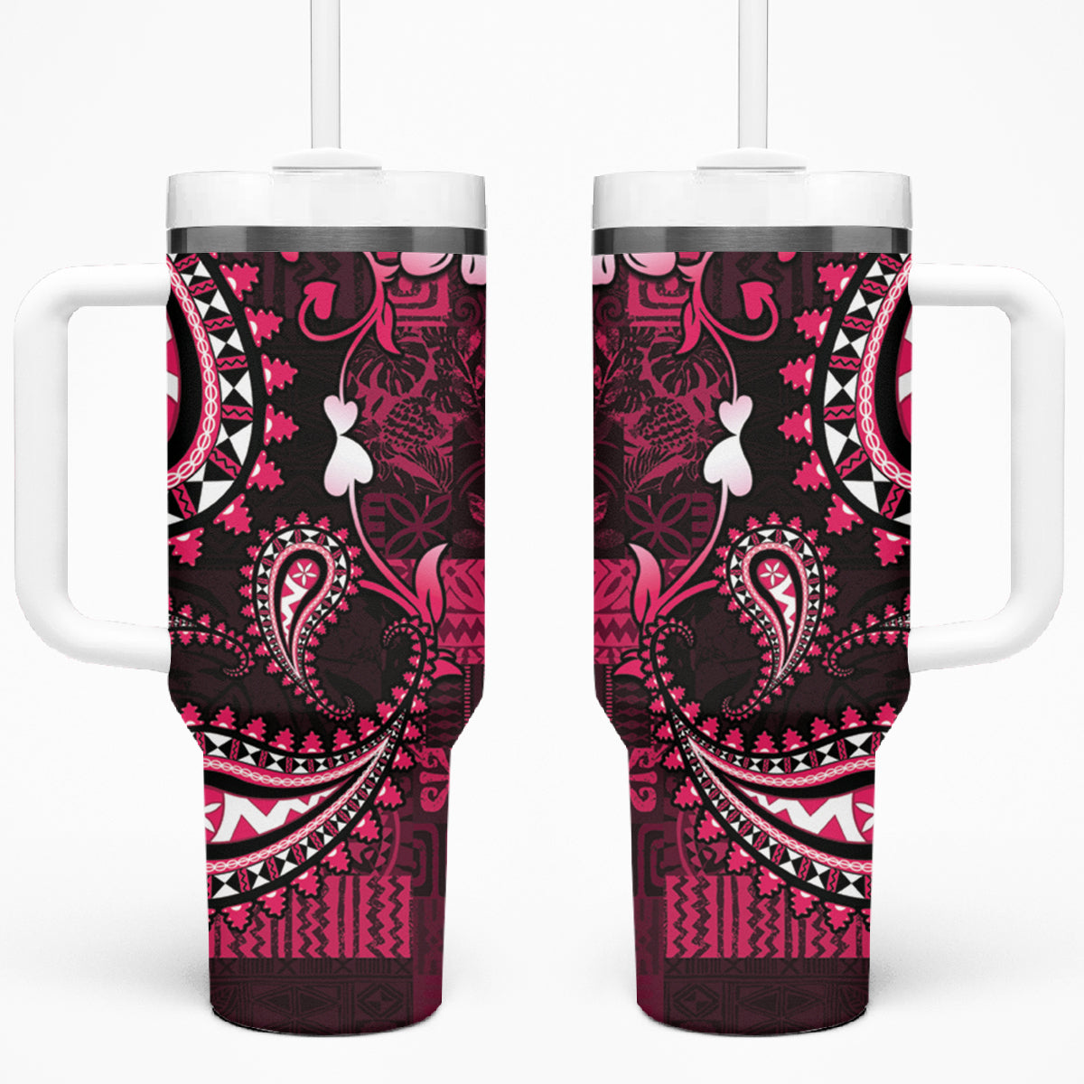 Fiji Masi Paisley With Hibiscus Tapa Tumbler With Handle Pink Version LT01 One Size: 40 oz Pink - Polynesian Pride