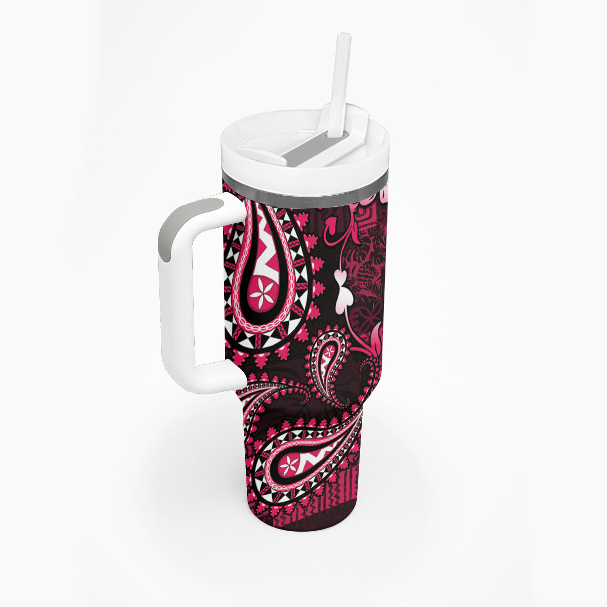 Fiji Masi Paisley With Hibiscus Tapa Tumbler With Handle Pink Version LT01 - Polynesian Pride
